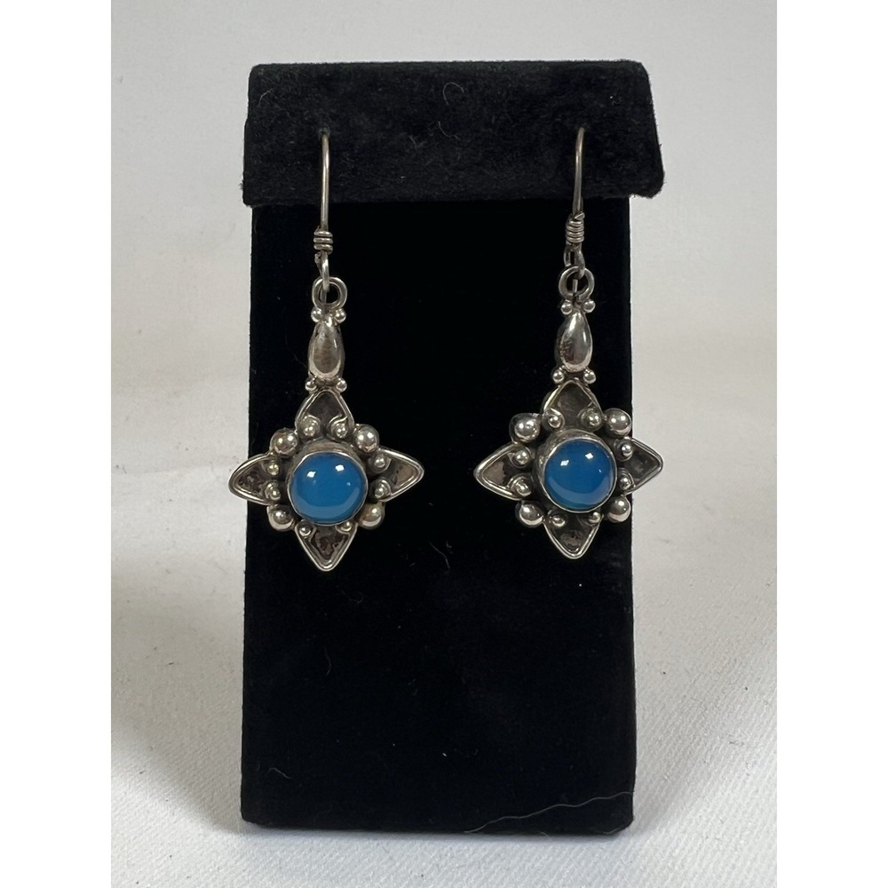 Blue Agate Sterling Silver Dangle Earrings Hand Crafted Artisan Boho